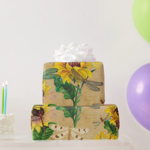 Retro-gelbe Sonnenblumen-Libellen Insekt Geschenkpapier