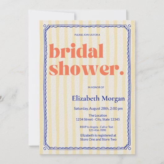 Retro-Gelbe Streifen Blau Rahmen Brautparty Einladung (Vorderseite)