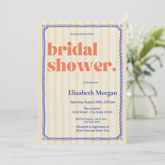 Retro-Gelbe Streifen Blau Rahmen Brautparty Einladung (Stehend Vorderseite)