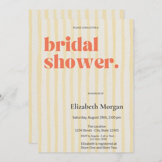 Retro Gelbe Streifen Einfaches Brautparty Einladung (Vorne/Hinten)