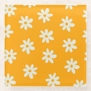 Retro Gelbes weißes Blumenmuster Einfaches Muster Glasuntersetzer
