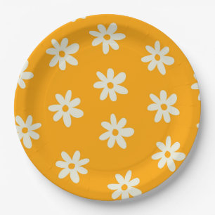 Retro Gelbes weißes Blumenmuster Einfaches Muster  Pappteller