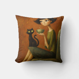 Retro Gemütlicher Morgen Schwarze Katze Ästhetik Kissen