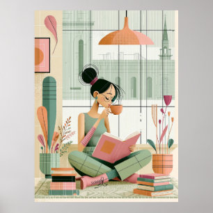 Retro Gemütliches Lesesaal Mädchen Wandkunst Dekor Poster