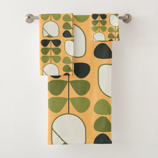 Retro Geo Floral Muster 1 in Orange, Grün, Creme Badhandtuch Set (Insitu)