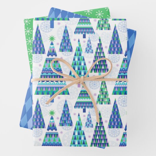 Retro Geo Scandi Weihnachtsbaumen Blue & Green Geschenkpapier Set (Beispiel)