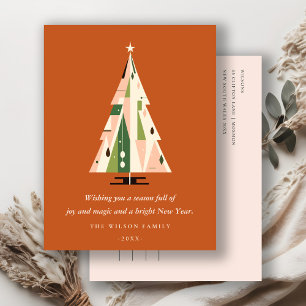 Retro Geometric Christmas Tree Blush Green Rust Feiertagspostkarte