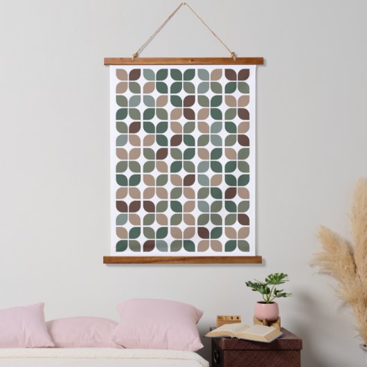 Retro Geometric Leaf Muster Green Brown Taupe Wandteppich Mit Holzrahmen (Schlafzimmer)