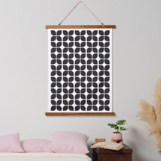 Retro Geometric Leaf Pattern Schwarz Wandteppich Mit Holzrahmen (Schlafzimmer)