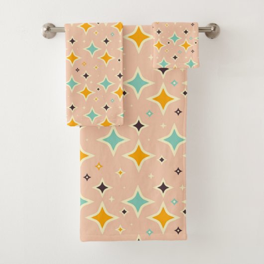 Retro geometric pattern with teal, orange, black badhandtuch set (Insitu)