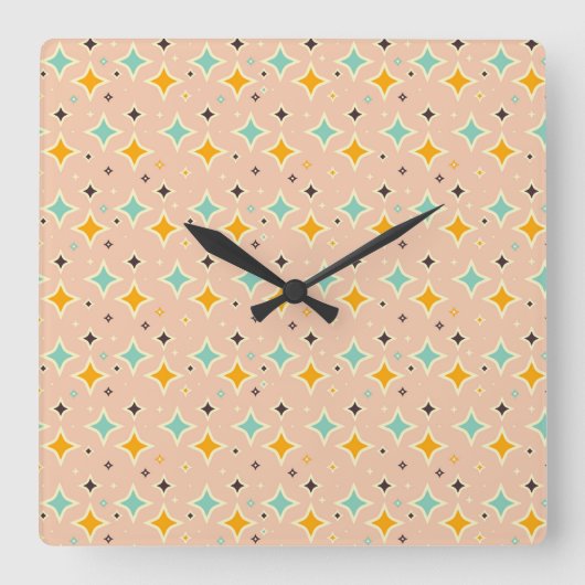 Retro geometric pattern with teal, orange, black quadratische wanduhr (Vorderseite)