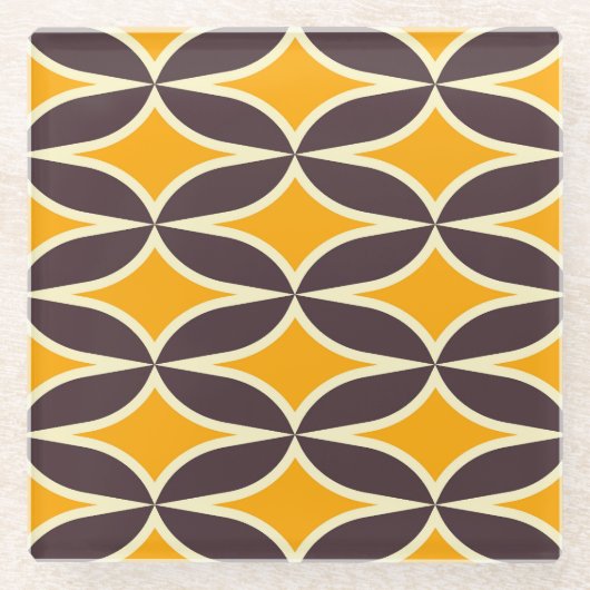 Retro geometric pattern yellow and brown leaf glasuntersetzer (Vorderseite)