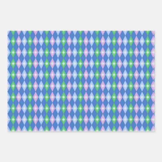 Retro Geometric Scandi Diamonds Blue & Green Geschenkpapier Set (Vorderseite)