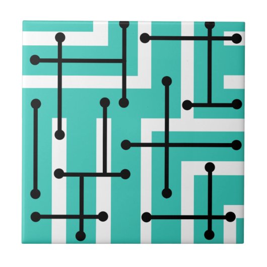 Retro Geometrie Art Maze Turquoise Fliese (Vorderseite)