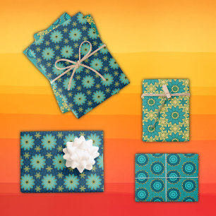 Retro Geometrische Blume Gelb blau, Aquamarin Geschenkpapier Set