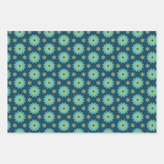Retro Geometrische Blume Gelb blau, Aquamarin Geschenkpapier Set (Vorderseite)