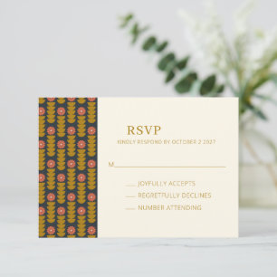 Retro geometrische botanische Gold Navy Hochzeit RSVP Karte