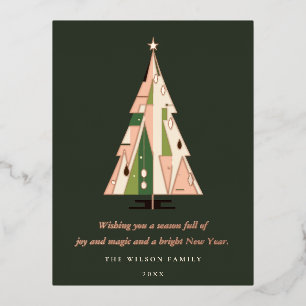 Retro-geometrische Weihnachtsbaum-Rosé-Waldgrün Folien Feiertagspostkarte