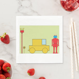 Retro-geometrischer Roboter und gelbes Auto Serviette