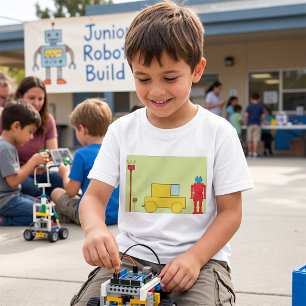 Retro-geometrischer Roboter und gelbes Auto T-Shirt