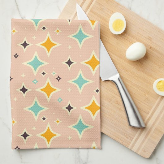 Retro-geometrisches Muster in Türkis, Orange, Schw Geschirrtuch (Viertel Falte)