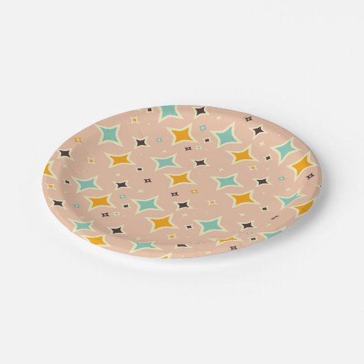Retro-geometrisches Muster mit Türkis, Orange und Pappteller (Schrägansicht)