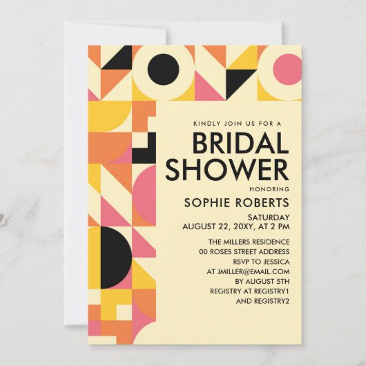 Retro geometrisches rosa orangefarbenes Brautparty Einladung (Vorderseite)