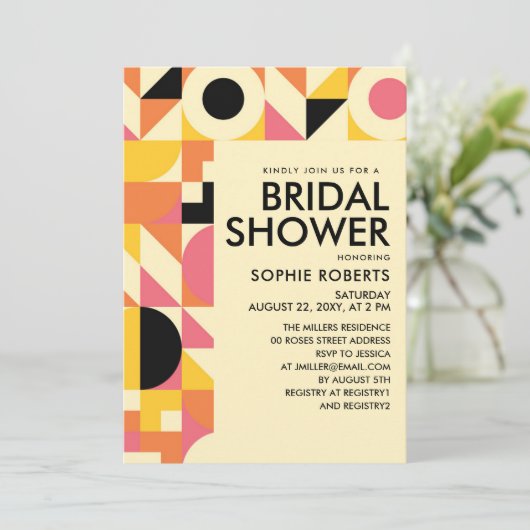 Retro geometrisches rosa orangefarbenes Brautparty Einladung (Stehend Vorderseite)