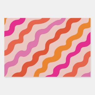 Retro-gestreifte abstrakte Wellen Rosa Rot Orange Geschenkpapier Set