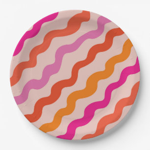 Retro-gestreifte abstrakte Wellen Rosa Rot Orange  Pappteller