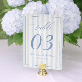 Retro-gestreifte weiße und blaue Hochzeitstisch-Nu Tischnummer