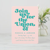 Retro Gewerkschaft Rosa und Aquamarine Hochzeit Einladung (Stehend Vorderseite)