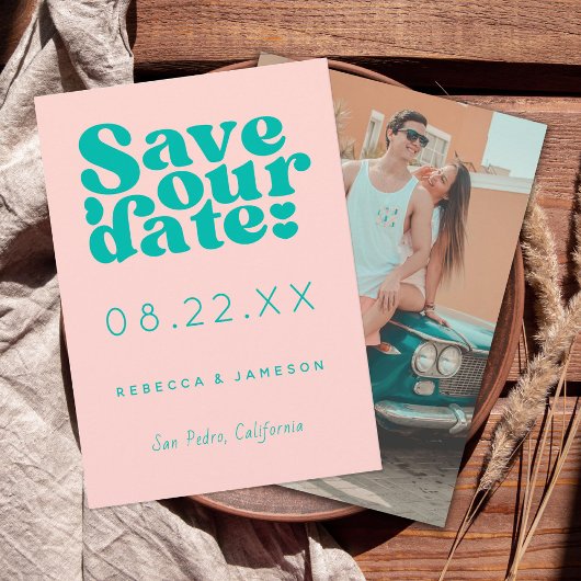 Retro Gewerkschaft Rosa und Aquamarine Hochzeit Save The Date