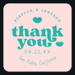 Retro Gewerkschaft Rosa und Aquamarine Hochzeit Vi Quadratischer Aufkleber<br><div class="desc">Retro inspiriert Schriftart "Danke" mit Herzen,  in bearbeitbaren Farben für Hintergrund und Grafik.</div>