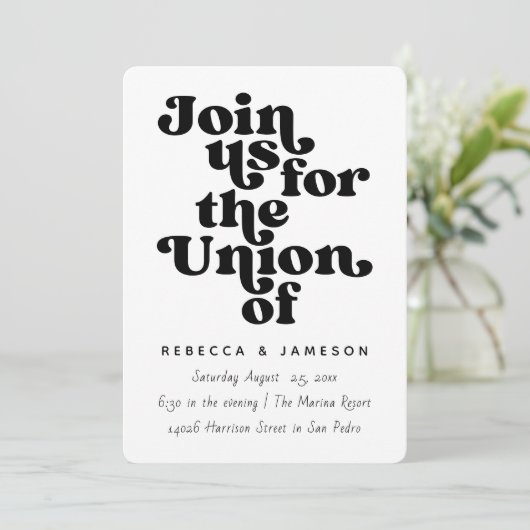 Retro Gewerkschaft Schwarz-Weiß-Hochzeit Einladung (Stehend Vorderseite)