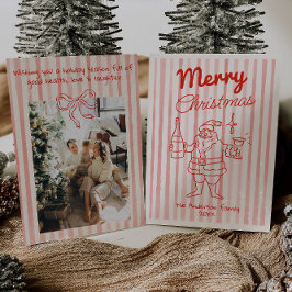 Retro Gezeichnet Red Festive Santa Champagne Weihn Feiertagskarte