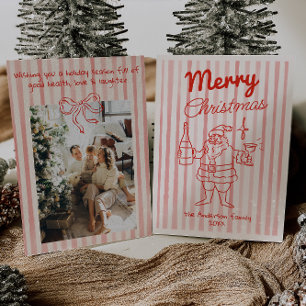 Retro Gezeichnet Red Festive Santa Champagne Weihn Feiertagskarte