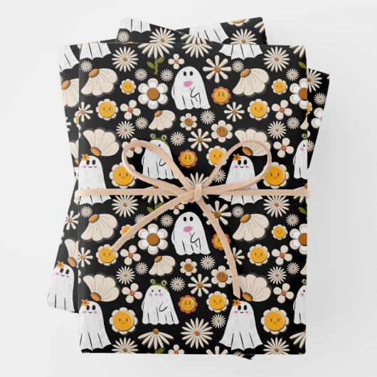Retro Ghost Flowers Halloween Seamless Pattern Geschenkpapier Set (Beispiel)