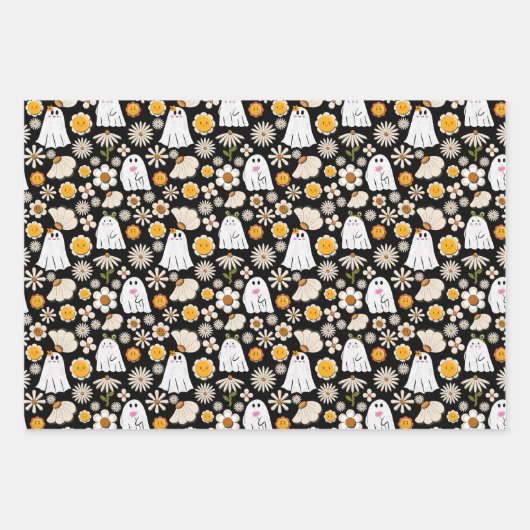 Retro Ghost Flowers Halloween Seamless Pattern Geschenkpapier Set (Vorderseite)