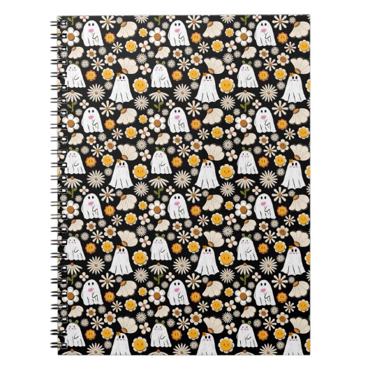 Retro Ghost Flowers Halloween Seamless Pattern Notizblock (Vorderseite)