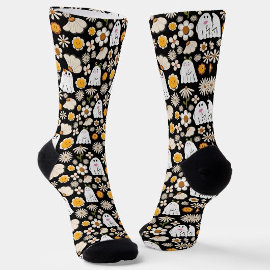 Retro Ghost Flowers Halloween Seamless Pattern Socken (Gewinkelt)