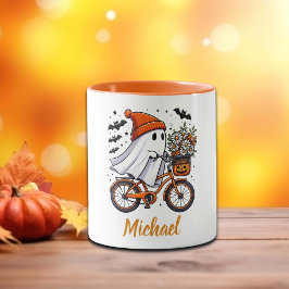 Retro Ghost on Bicycle Halloween Tasse