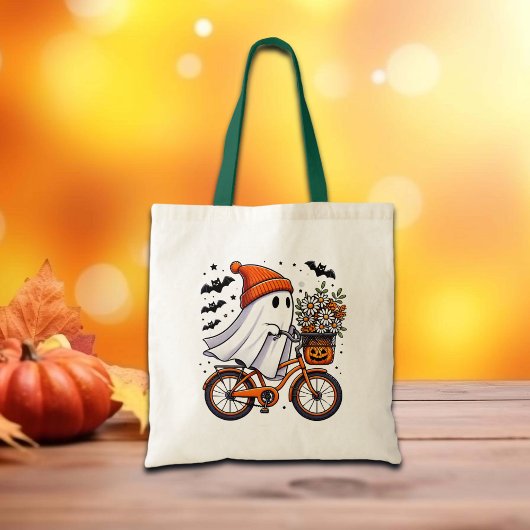 Retro Ghost on Bicycle Halloween Tragetasche
