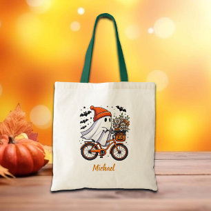 Retro Ghost on Bicycle Halloween Tragetasche