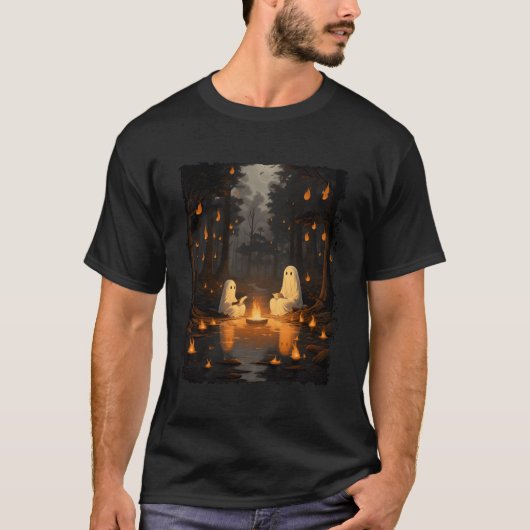 Retro Ghost Reading Book Campfire Halloween Campin T-Shirt (Vorderseite)
