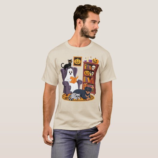 Retro Ghost Reading Books with Black Cat Raccoon T-Shirt (Vorne ganz)