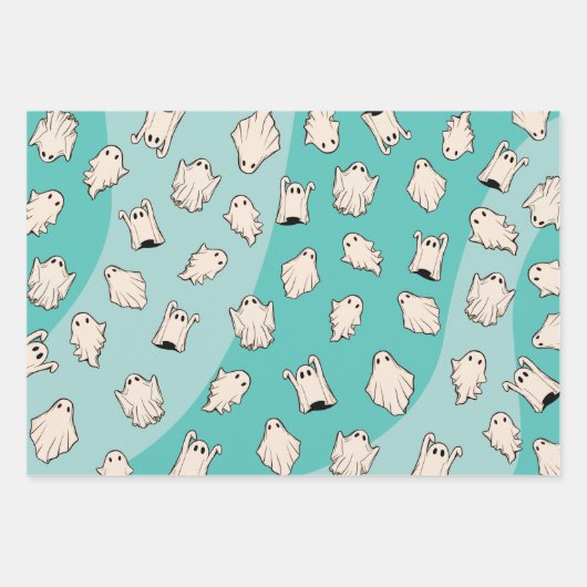 Retro Ghosts Blue Halloween Geschenkpapier Set (Vorderseite 2)