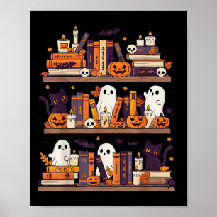 Retro Ghosts Reading Book Halloween Bookshelf Poster