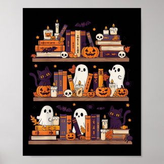Retro Ghosts Reading Book Halloween Bookshelf Poster