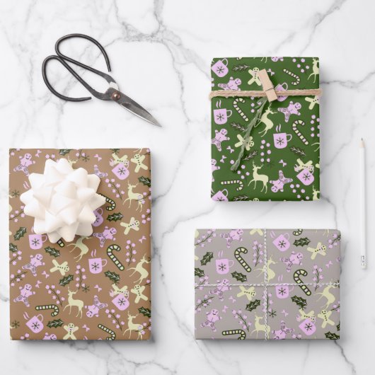 Retro Gingerbread Deer Candycane Leckereien Weihna Geschenkpapier Set (Vorderseite)